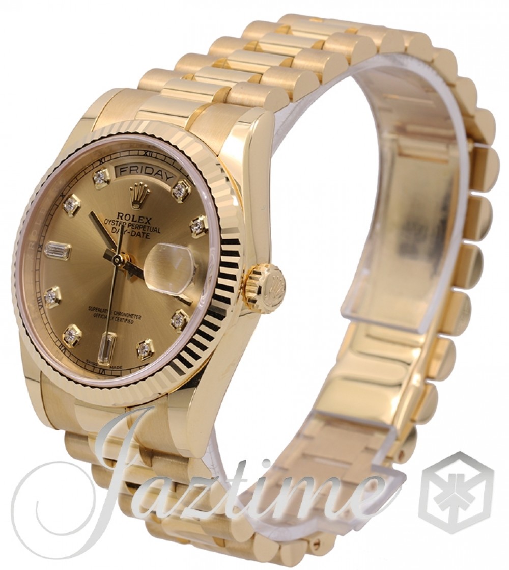 Rolex Day-Date 36 Yellow Gold Champagne Diamond Dial & Fluted Bezel  President Bracelet 118238