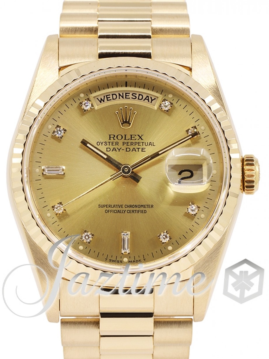 Rolex Day-Date 36 Yellow Gold Champagne Diamond Dial & Fluted Bezel  President Bracelet 18238 - PRE-OWNED
