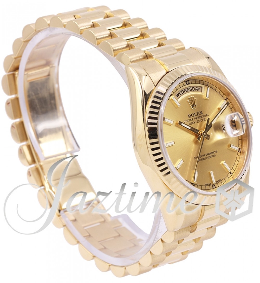 Rolex Day-Date 36 Yellow Gold Champagne Index Dial & Fluted Bezel President  Bracelet 118238 - BRAND NEW