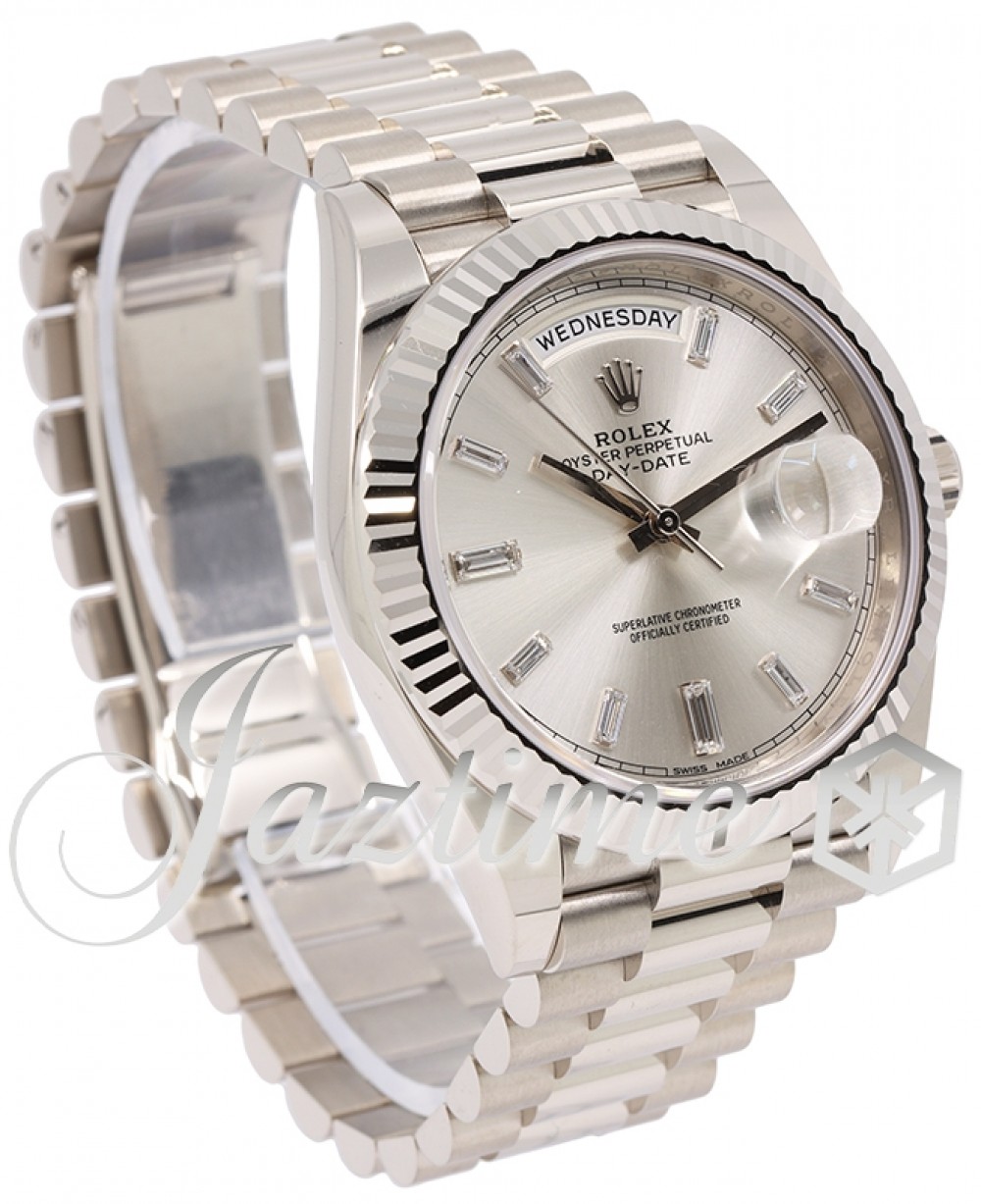 Rolex Day-Date 40 228239 Silver Set with Diamond Hour Markers Fluted White  Gold President - BRAND NEW