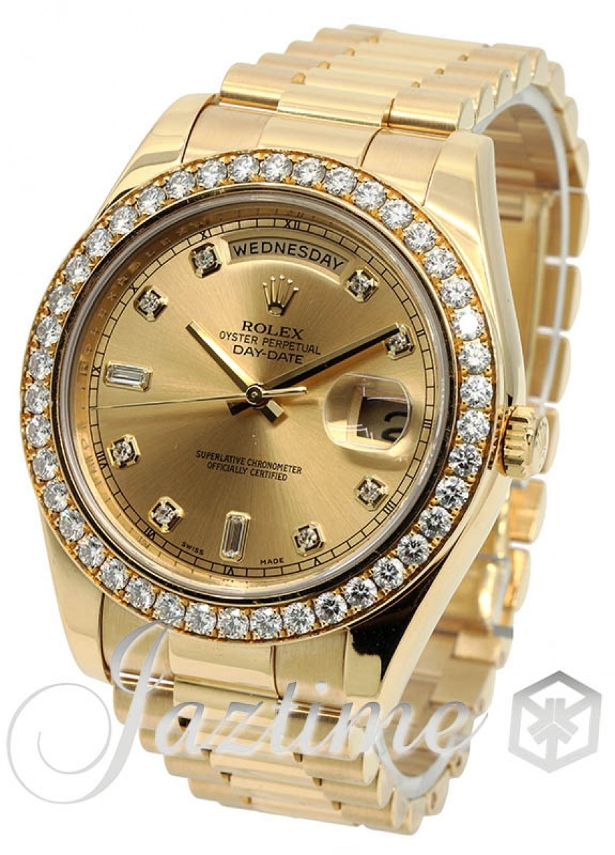 Rolex Day-Date II Yellow Gold Champagne Diamond 41mm Dial & Diamond Bezel  President Bracelet 218348 - PRE-OWNED
