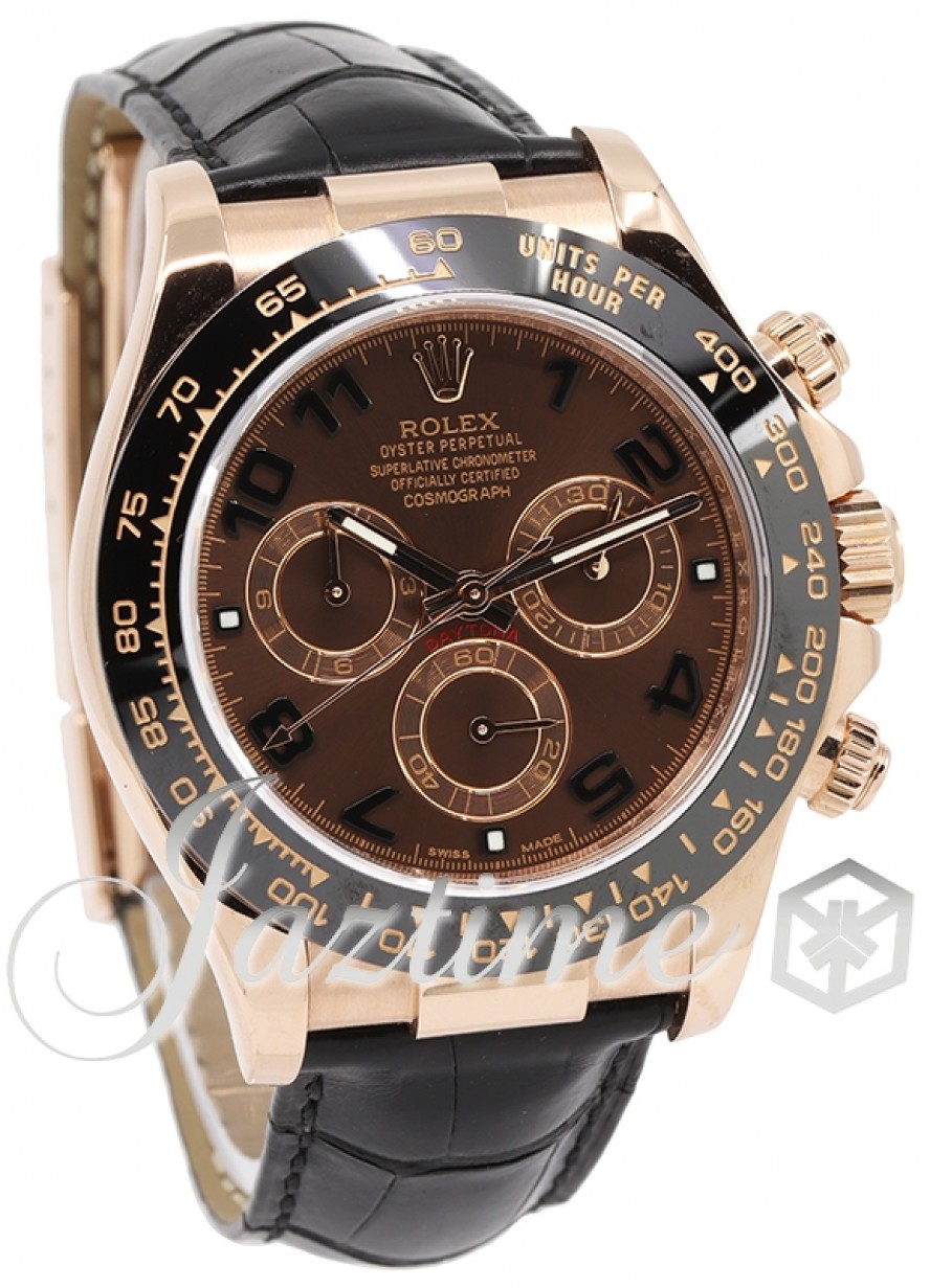 Rolex Daytona Rose Gold Chocolate Arabic 40mm Dial Ceramic Bezel Leather  Strap 116515LN - PRE-OWNED