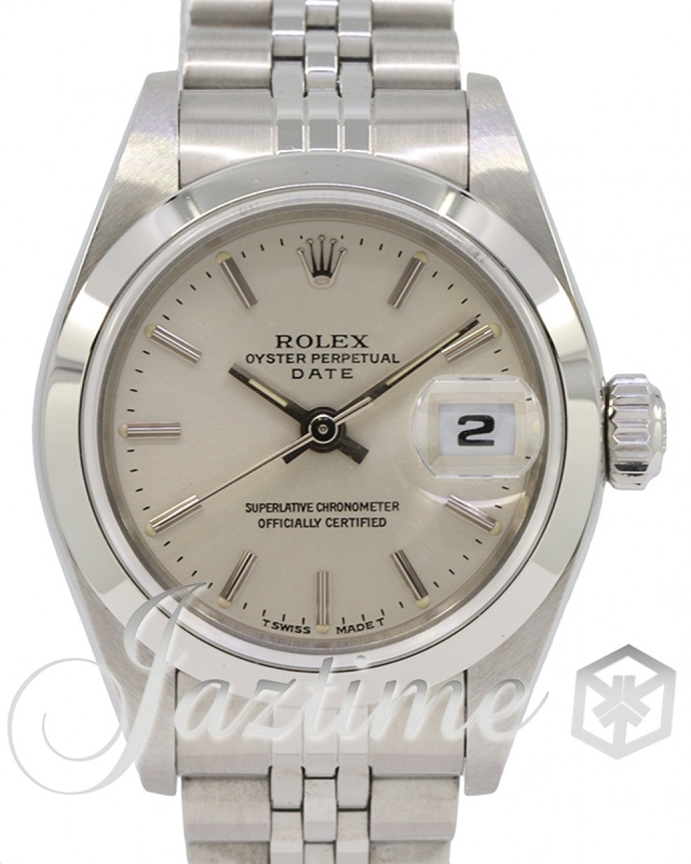 Rolex Ladies Oyster Perpetual Date Stainless Steel Silver Index Dial Steel  Bezel Jubilee Bracelet 69160 - PRE-OWNED