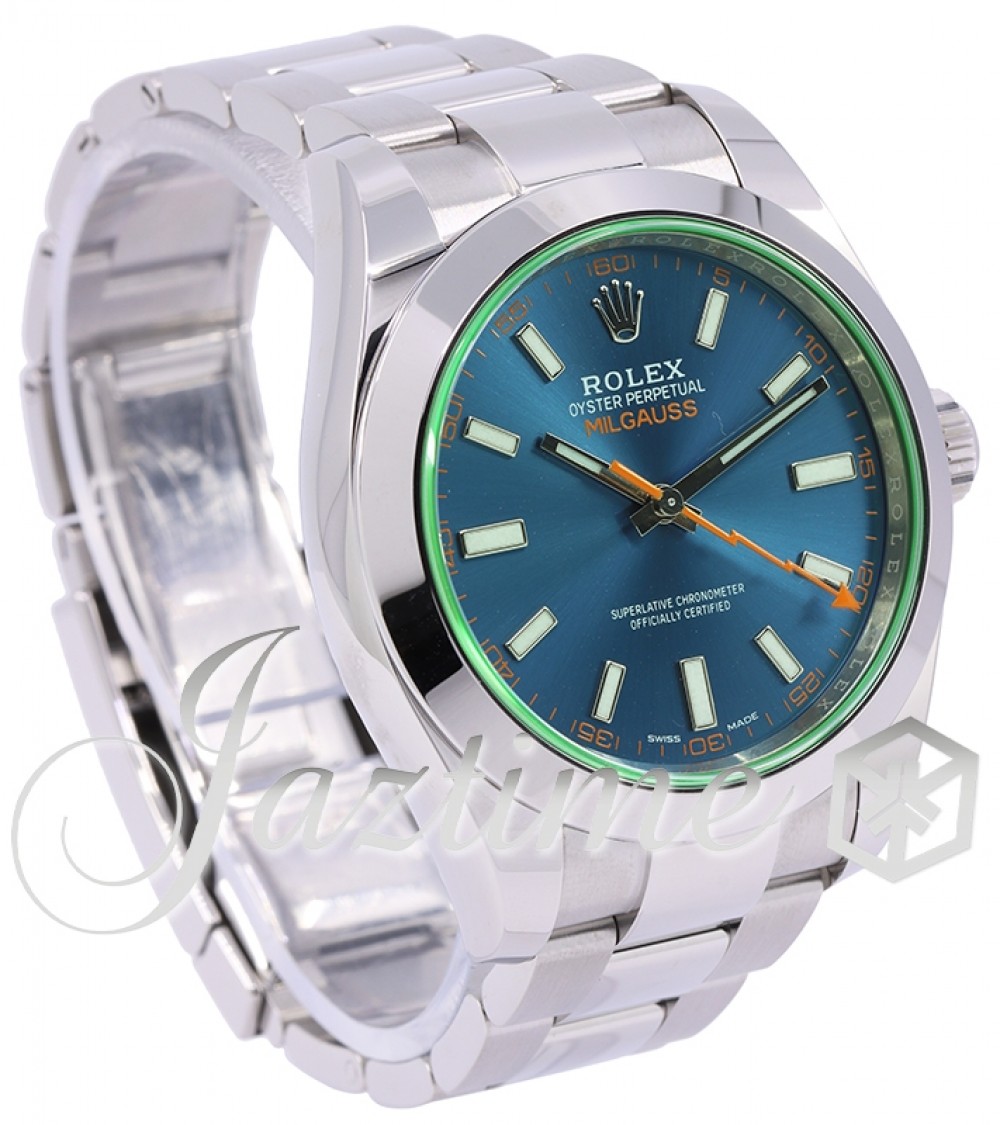Rolex Milgauss Stainless Steel Blue Index Dial & Smooth Domed Bezel Green  Crystal Oyster Bracelet 116400GV 116400V - PRE-OWNED