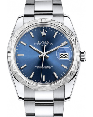 Rolex Oyster Perpetual Date 34 Stainless Steel Blue Index Dial & Engine-Turned Bezel Oyster Bracelet 115210