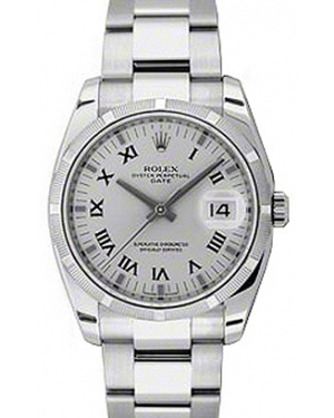 Rolex Oyster Perpetual Date 34 Stainless Steel Silver Roman Dial & Engine-Turned Bezel Oyster Bracelet 115210