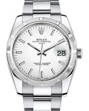 Rolex Oyster Perpetual Date 34 Stainless Steel White Index Dial & Engine-Turned Bezel Oyster Bracelet 115210