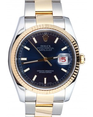 Rolex Datejust 36 116233-BLUSFO Blue Index Fluted Yellow Gold Stainless Steel Oyster