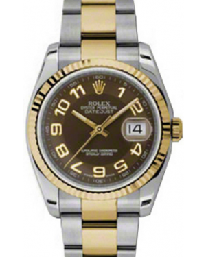 Rolex Datejust 36 116233-BRNAFO Brown Arabic Fluted Yellow Gold Stainless Steel Oyster