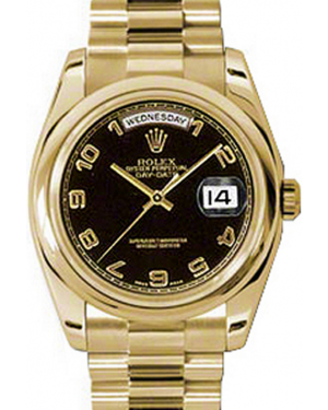 Rolex Day-Date 36 118208-BLKADP Black Arabic Yellow Gold President - BRAND NEW