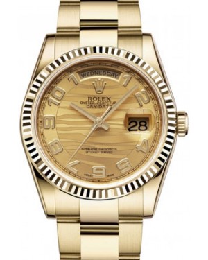 Rolex Day-Date 36 118238-GLWAFO Champagne Arabic Wave Dial Fluted Yellow Gold Oyster - BRAND NEW