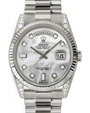 Rolex Day-Date 36 118339-MOPDFP White Mother of Pearl Diamond Set Fluted White Gold President - BRAND NEW