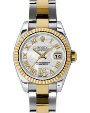 Rolex Lady-Datejust 26 179173-MOPRDRO White Mother of Pearl Roman Diamond VI Fluted Yellow Gold Stainless Steel Oyster - BRAND NEW