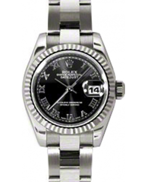 Rolex Lady-Datejust 26 179179-BLKRO Black Roman Fluted White Gold Oyster - BRAND NEW
