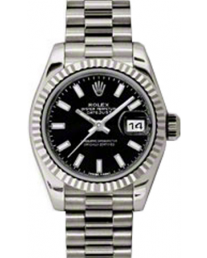 Rolex Lady-Datejust 26 179179-BLKSP Black Index Fluted White Gold President - BRAND NEW