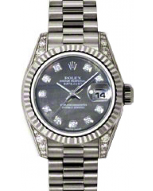 Rolex Lady-Datejust 26 179239-DMOPDP Dark Mother of Pearl Diamond Dial Diamond Set Fluted White Gold President - BRAND NEW
