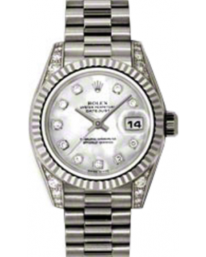 Rolex Lady-Datejust 26 179239-MOPDP White Mother of Pearl Diamond Dial Diamond Set Fluted White Gold President - BRAND NEW