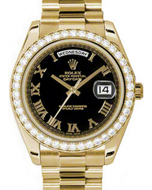 Rolex Day-Date II 218348-BLKRDP 41mm Black Roman Diamond Bezel Yellow Gold President - BRAND NEW