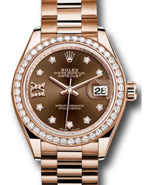 Rolex Datejust 28 279135 Chocolate Diamond Roman 9 o' Clock Diamond Bezel Rose Gold President - BRAND NEW