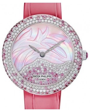 Patek Philippe Calatrava White Gold Mother of Pearl Diamonds Pink Sapphires Set Dial 35.8mm 4899/900G-001 - BRAND NEW
