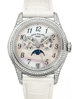 Patek Philippe 4937G-001 Complications Ladies Annual Calendar Moon Phase 37mm White Mother of Pearl Arabic White Gold Diamond Set Leather Date BRAND NEW