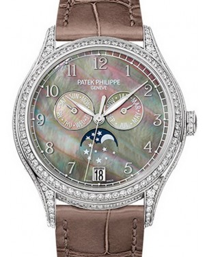 Patek Philippe 4948G-001 Complications Ladies Annual Calendar Moon Phase 38mm Black Tahitian Mother of Pearl Arabic White Gold Diamond Set Leather Automatic BRAND NEW