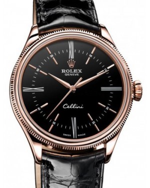 Rolex Cellini Time 50505-BLK Black Roman Index Rose Gold Black Leather Manual BRAND NEW