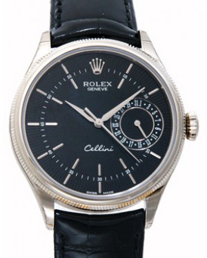 Rolex Cellini Date 50519-BLK Black Guilloche Index White Gold Black Leather Manual - BRAND NEW