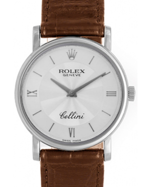 Rolex Cellini Ladies 5115-9 Silver Guilloche Roman / Index White Gold Brown Leather Manual BRAND NEW