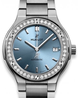 Hublot Classic Fusion Titanium Light Blue Bracelet 568.NX.891L.NX.1204 Blue Index Diamond Bezel Titanium  38mm - BRAND NEW