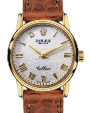 Rolex Cellini Classic 6111-8 White Jubilee Roman Yellow Gold Brown Leather Quartz BRAND NEW