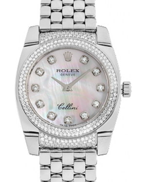Rolex Cellini Cestello Ladies 6311-9 White Mother of Pearl Diamond Set White Gold Damier Quartz BRAND NEW