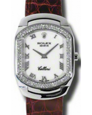 Rolex Cellini Cellissima Ladies 6691-9-LEATHER White Roman Diamond Bezel White Gold Brown Leather Quartz BRAND NEW