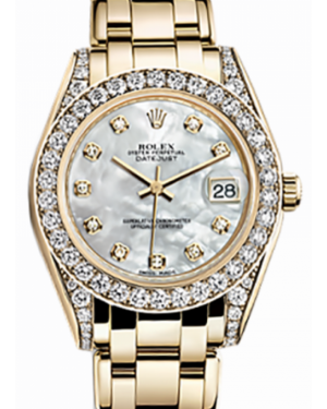 Rolex Pearlmaster 34 81158 White Mother of Pearl Diamond Set Yellow Gold BRAND NEW