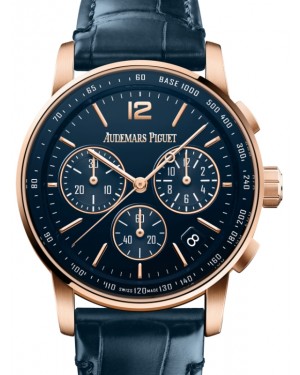 Audemars Piguet Code 11.59 Selfwinding Chronograph Rose Gold/Sapphire 41mm Blue Dial Leather Strap 26393OR.OO.A321CR.01 - Brand New