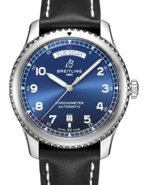 Breitling Aviator 8 Automatic Day & Date 41 Stainless Steel 41mm Blue Dial Leather Strap A45330101C1X1 - BRAND NEW