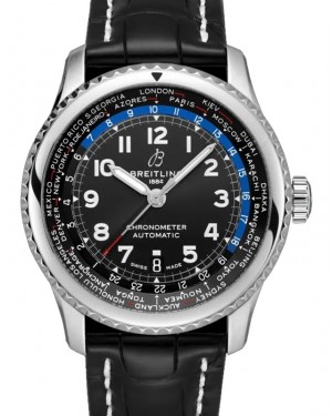 Breitling Aviator 8 B35 Automatic Unitime 43 Black Dial Stainless Steel Bezel Leather Strap AB3521U41.B1P1 - BRAND NEW