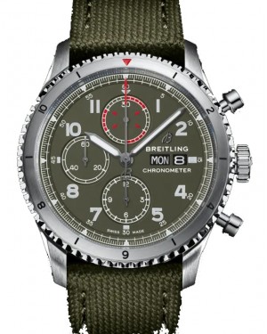 Breitling Aviator 8 Chronogragh 43 Curtis Warhawk Stainless Steel 43mm Green Dial Military Strap A133161A1L1X1 - BRAND NEW
