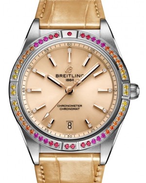 Breitling Chronomat Automatic 36 South Sea Stainless Steel Gem Set Bezel Beige Diamond Dial Alligator Leather Strap A10380611A1P1 - BRAND NEW