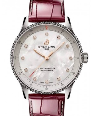 Breitling Navitimer 32 Stainless Steel Mother of Pearl Diamond Dial Leather Strap A77320E61A2P2