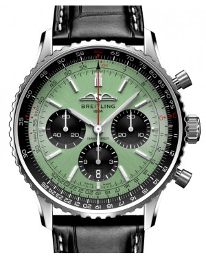 Breitling Navitimer B01 Chronograph 43 Stainless Steel Mint Green Dial Leather Strap AB0138241L1P1 - BRAND NEW