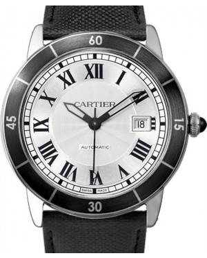 Cartier Ronde Croisière De Cartier Watch WSRN0002 Silver Roman Black Synthetic Bezel Stainless Steel Leather - BRAND NEW
