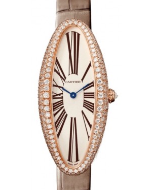 Cartier Baignoire Allongée Medium Rose Gold/Diamonds Silver Dial Leather Strap WJBA0006 - BRAND NEW