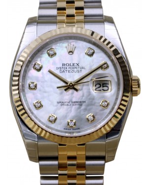 Rolex Datejust 36 White Mother of Pearl Diamond Fluted Yellow Gold Stainless Steel Jubilee 116233 
