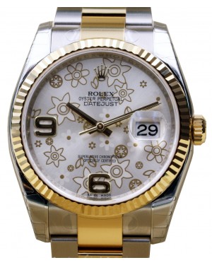 Rolex Datejust 36 116233-SLVFFO Silver Floral Arabic Fluted Yellow Gold Stainless Steel Oyster