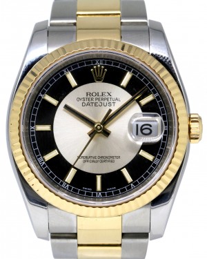Rolex Datejust 36 116233-BKSSFO Black and Silver Index "Tuxedo" Fluted Yellow Gold Stainless Steel Oyster PRE-OWNED
