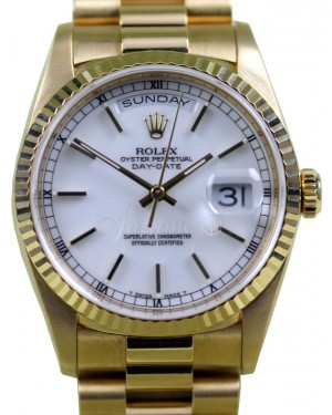 Rolex Day Date 36 Yellow Gold White Index Dial Fluted 18k Gold Bezel President Bracelt 18038 - PRE-OWNED