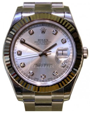 Rolex Datejust II Stainless Steel & White Gold 41mm Silver Diamond Dial Fluted Bezel Oyster Bracelet 116334 - PRE-OWNED