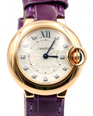 Cartier Ballon Bleu De Cartier WJBB0019 Ladies 28mm Rose Gold Silver Diamond Quartz Purple Leather BRAND NEW
