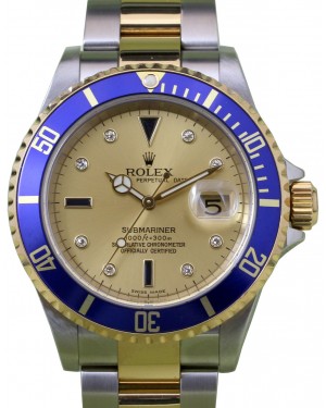 Rolex Submariner 16613 Serti Champagne Blue Men's 40mm Stainless Steel 18k Yellow Gold Date - PRE-OWNED